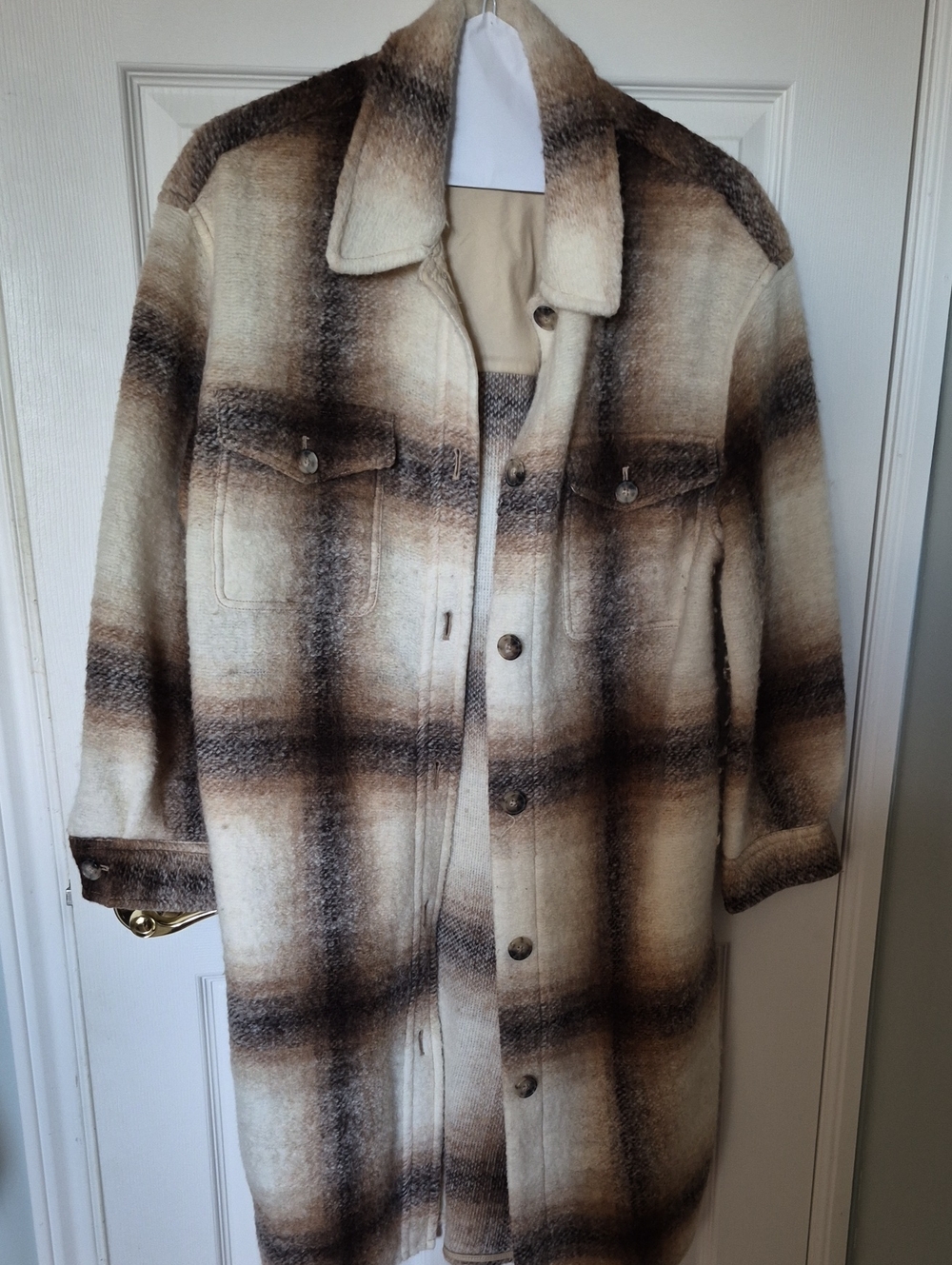 Wilfred Free "Made for Each Other" Plaid Long Wool-Blend Coat Cream Brown Large